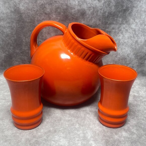 Vintage Anchor Hocking Tilt Ball Orange Ceramic Pitcher Jug  & Tumblers Set - Picture 1 of 15